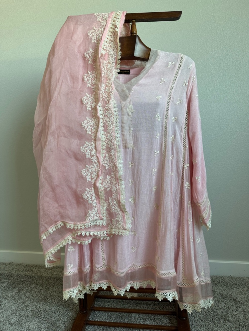 Agha Noor Pink Embroidered Tunic Kurta Set XL Sheer Lace Trim Boho Modest Top